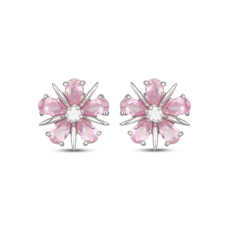 Main Image 2 of Pear-Shaped Pink Lab-Created Sapphire & White Lab-Created Sapphire Flower Stud Earrings Sterling Silver