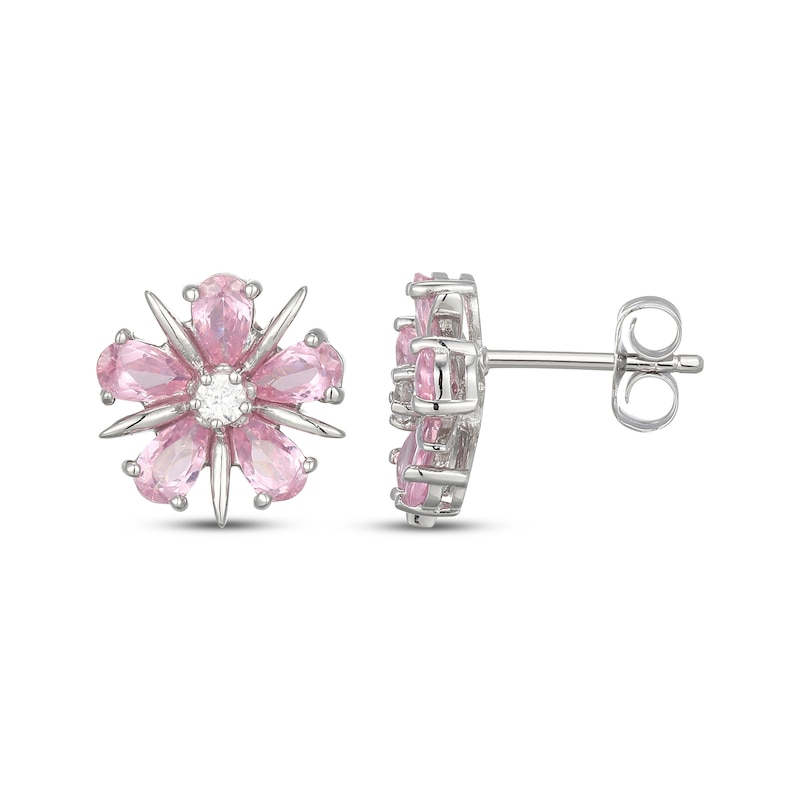 Main Image 3 of Pear-Shaped Pink Lab-Created Sapphire & White Lab-Created Sapphire Flower Stud Earrings Sterling Silver