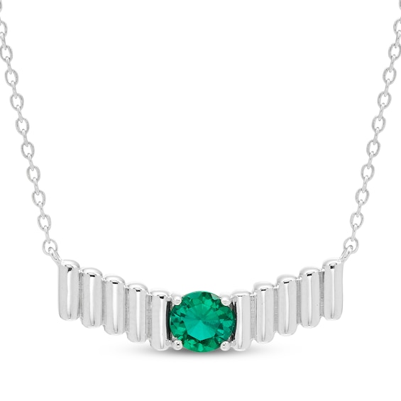 Lab-Created Emerald Solitaire Textured Wave Necklace Sterling Silver 18"