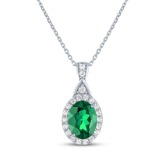 Oval-Cut Lab-Created Emerald & White Lab-Created Sapphire Halo Necklace Sterling Silver 16.27"