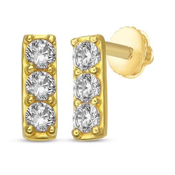 Three-Stone Cubic Zirconia Bar Stud Earrings 14K Yellow Gold