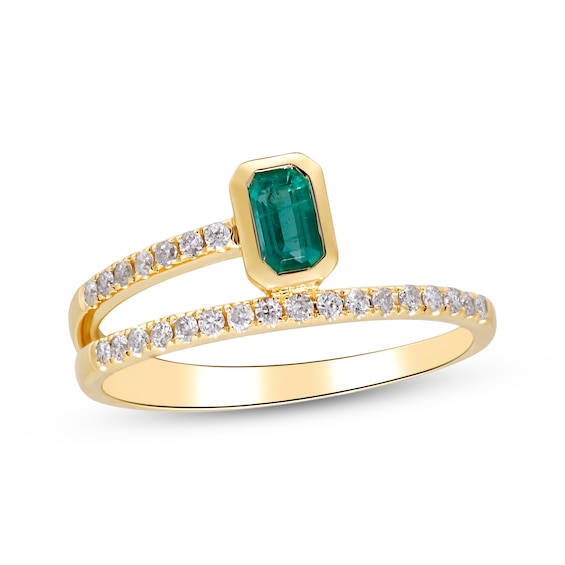 Emerald-Cut Natural Emerald & Diamond Wrap Ring 1/6 ct tw 10K Yellow Gold