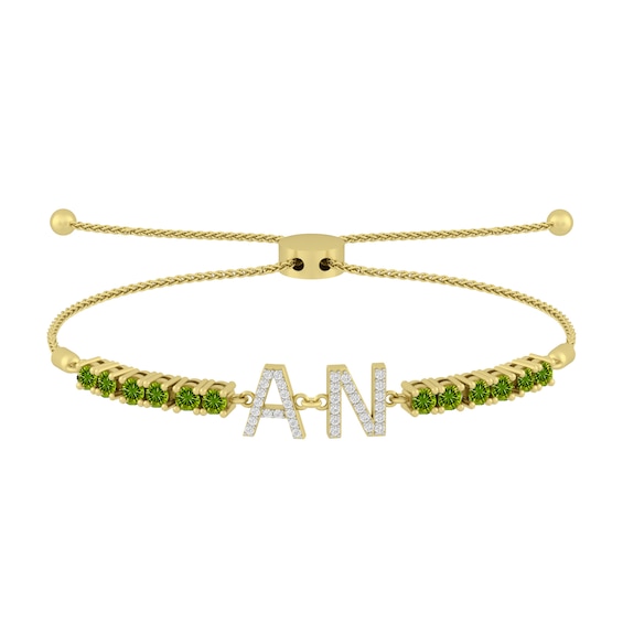1/6 ct tw Diamond and Birthstone Couple's Initials Bolo Bracelet (1 Stone and 2 Initials)