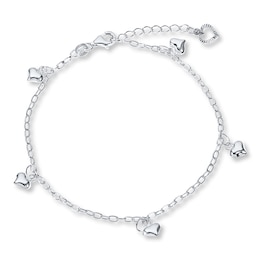 Puffed Heart Anklet Sterling Silver 9&quot; Length