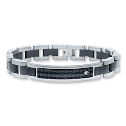Men's Bracelet Diamond Accent Stainless Steel & Leather 8.5&quot;