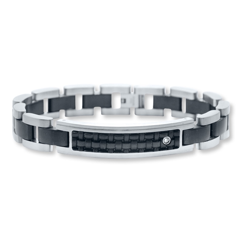 Men's Bracelet Diamond Accent Stainless Steel & Leather 8.5"