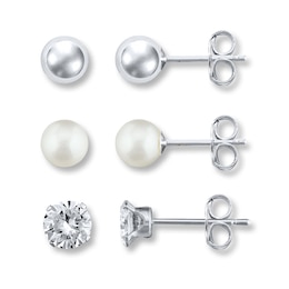 Cultured Pearl/Cubic Zirconia Sterling Silver Earring Set