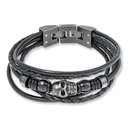 Men's Skull Bracelet Stainless Steel Black Leather 9&quot;