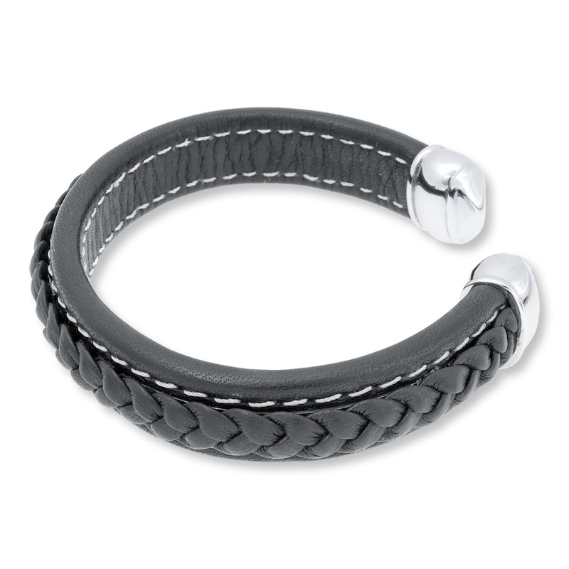 Men's Bracelet Black Leather Stainless Steel