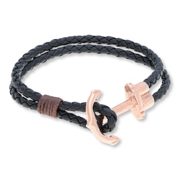 Men's Anchor Bracelet Leather & Stainless Steel 8.5&quot;