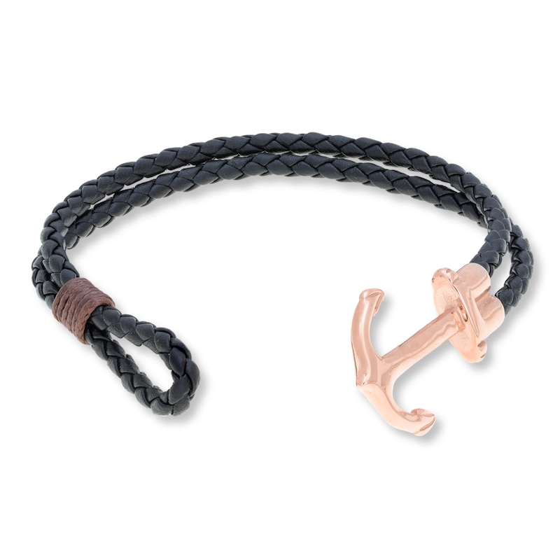 Men's Anchor Bracelet Leather & Stainless Steel 8.5"