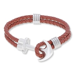 Men's Anchor Bracelet Leather & Stainless Steel 8.5&quot;