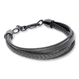 Men's Bracelet Black Leather & Stainless Steel