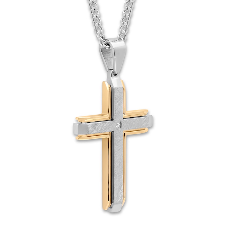 Men's Cross Necklace Diamond Accent Stainless Steel 24"