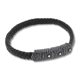 Men's Black Leather Bracelet Stainless Steel Accents 8.25&quot;