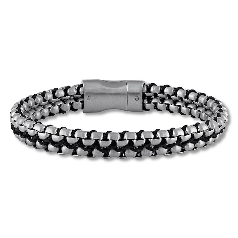 Main Image 1 of Men's Link Bracelet Stainless Steel/Black Leather 8.5"