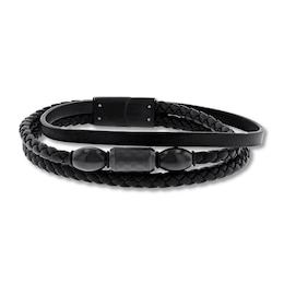 Men's Black Leather Bracelet Black Ion-Plated Stainless Steel 8.25&quot;