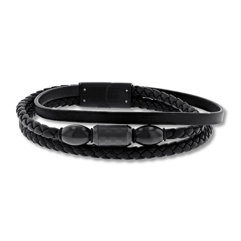 Men's Black Leather Bracelet Black Ion-Plated Stainless Steel 8.25 ...