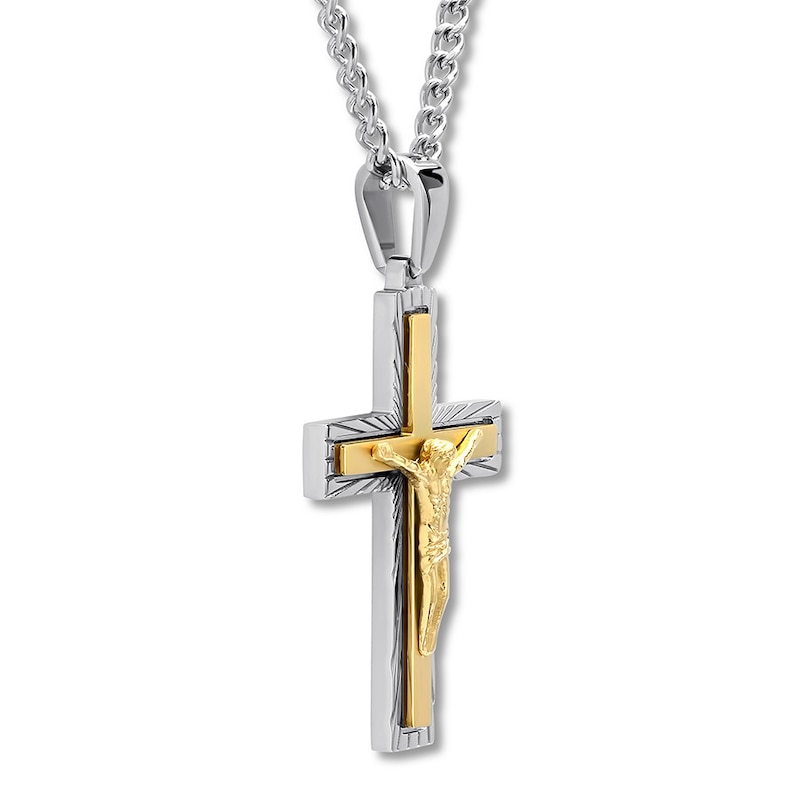 Men's Crucifix Necklace Stainless Steel & Yellow Ion-Plating 24"