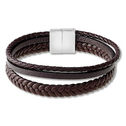 Men's Brown Leather Bracelet Stainless Steel 8.5&quot;