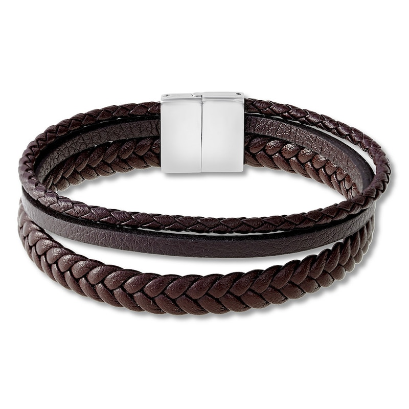 Main Image 1 of Men's Brown Leather Bracelet Stainless Steel 8.5"