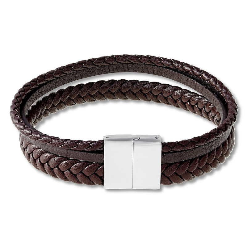 Men's Brown Leather Bracelet Stainless Steel 8.5"