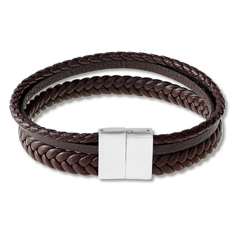Main Image 2 of Men's Brown Leather Bracelet Stainless Steel 8.5"