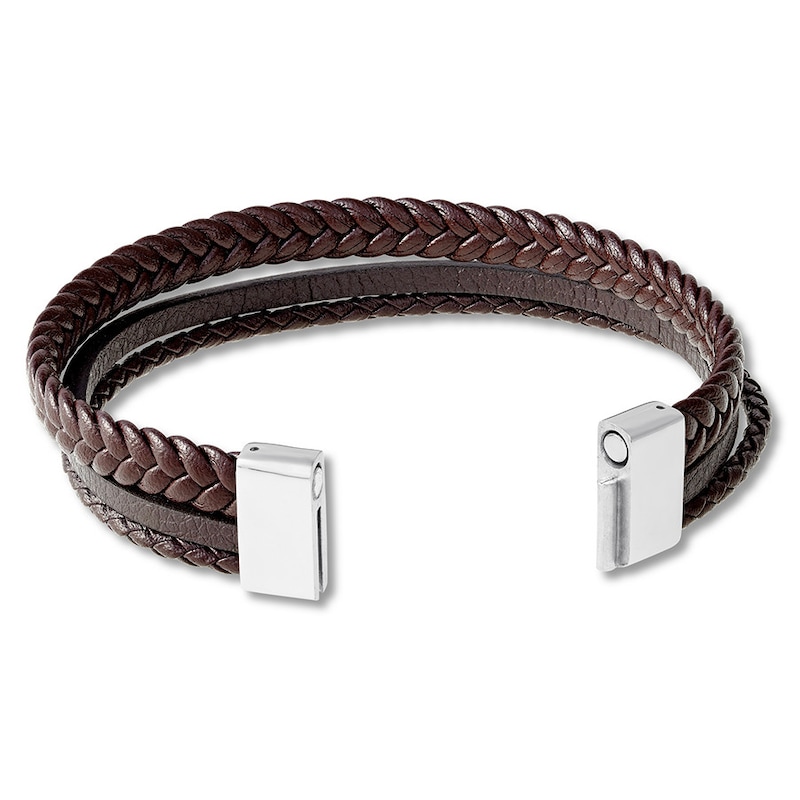 Main Image 3 of Men's Brown Leather Bracelet Stainless Steel 8.5"