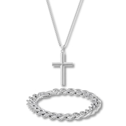 Men's Cross Necklace & Chain Bracelet Gift Set Stainless Steel