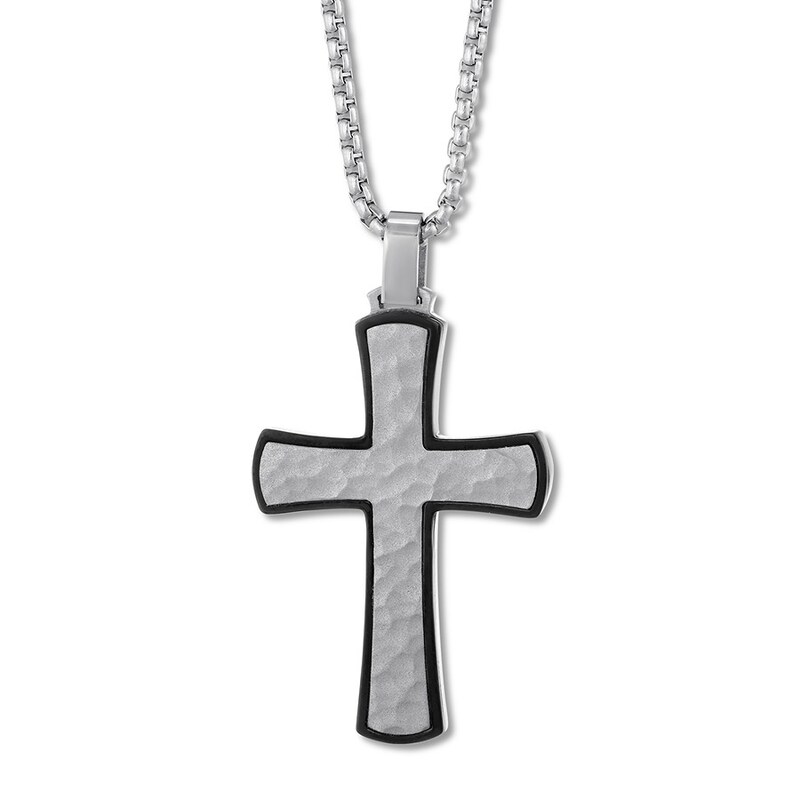 Main Image 1 of Men's Textured Cross Necklace Stainless Steel 24"
