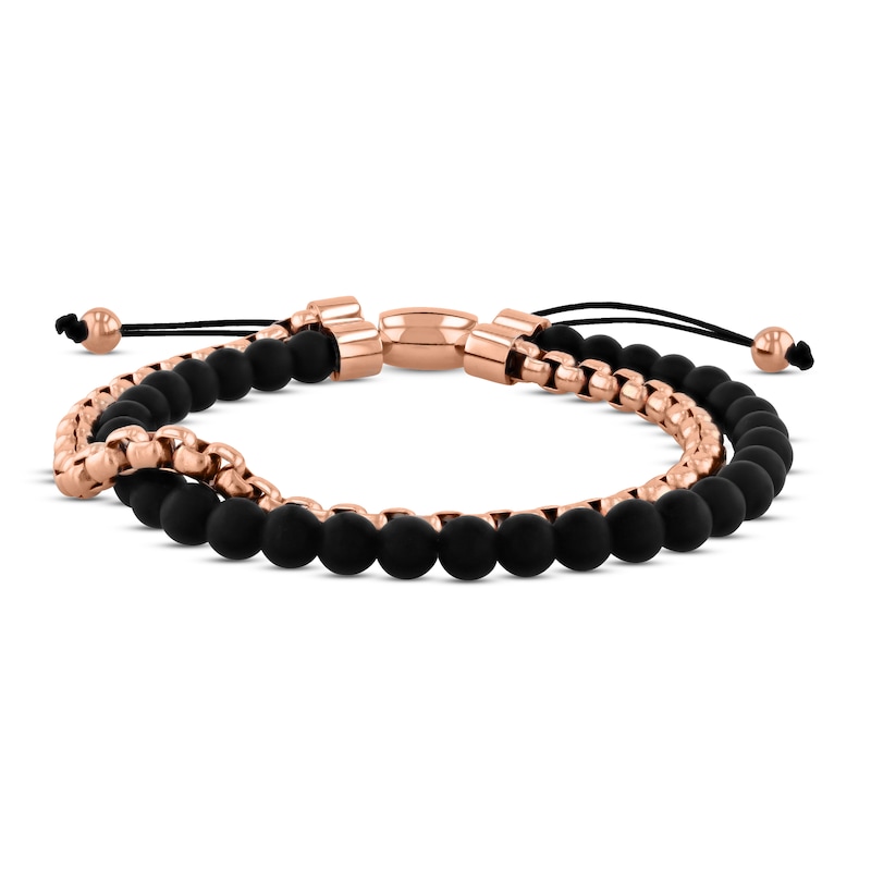 Main Image 1 of Men's Black Onyx Bolo Bracelet Gold Ion Plating Stainless Steel 9.5"