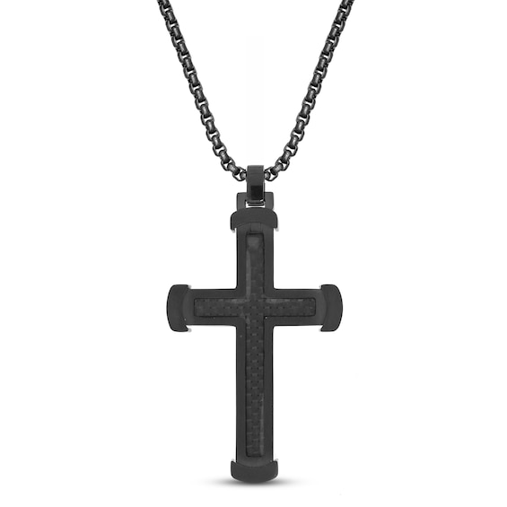Men's Cross Necklace Black Ion Plating Stainless Steel/Carbon Fiber 24"