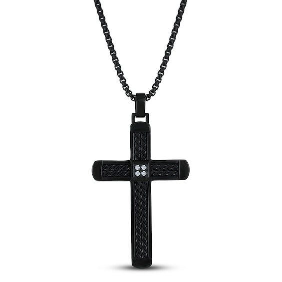 Men's Diamond Cross Necklace 1/20 ct tw Black Ion Plating Stainless Steel 24"