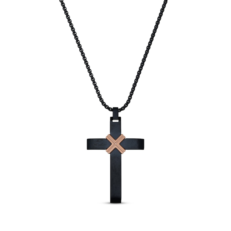 Men's Cross Necklace Black/Rose Ion Plating Stainless Steel 24"