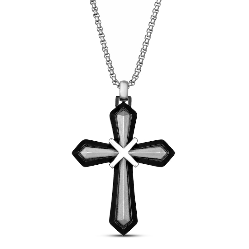 Main Image 1 of Men's Cross Necklace Black Ion Plating Stainless Steel 24"