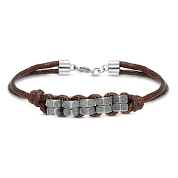 Men's Brown Leather Bracelet Stainless Steel 8.25&quot;