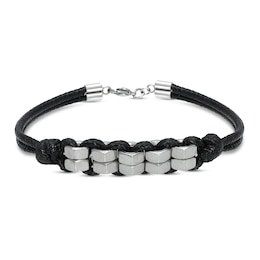 Men's Black Leather Bracelet Stainless Steel 8.25&quot;