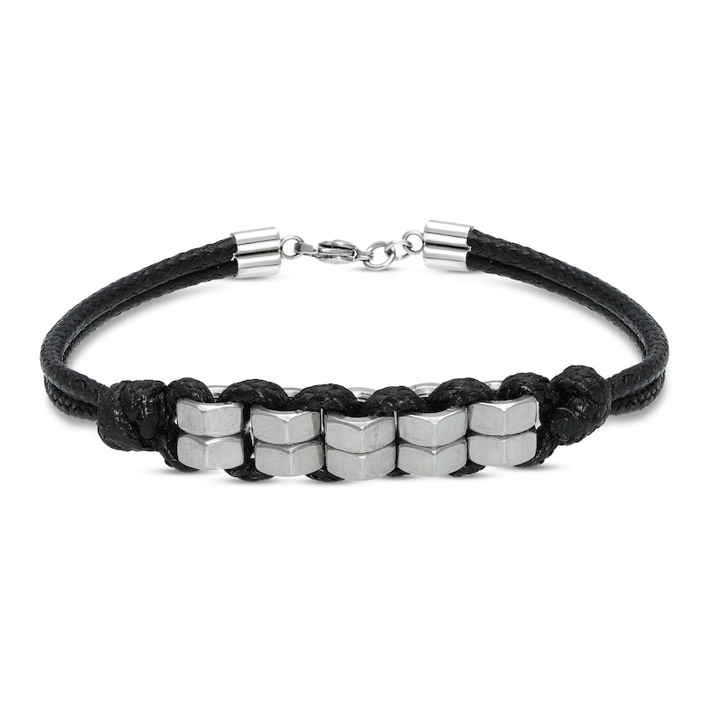 Men's Black Leather Bracelet Stainless Steel 8.25"