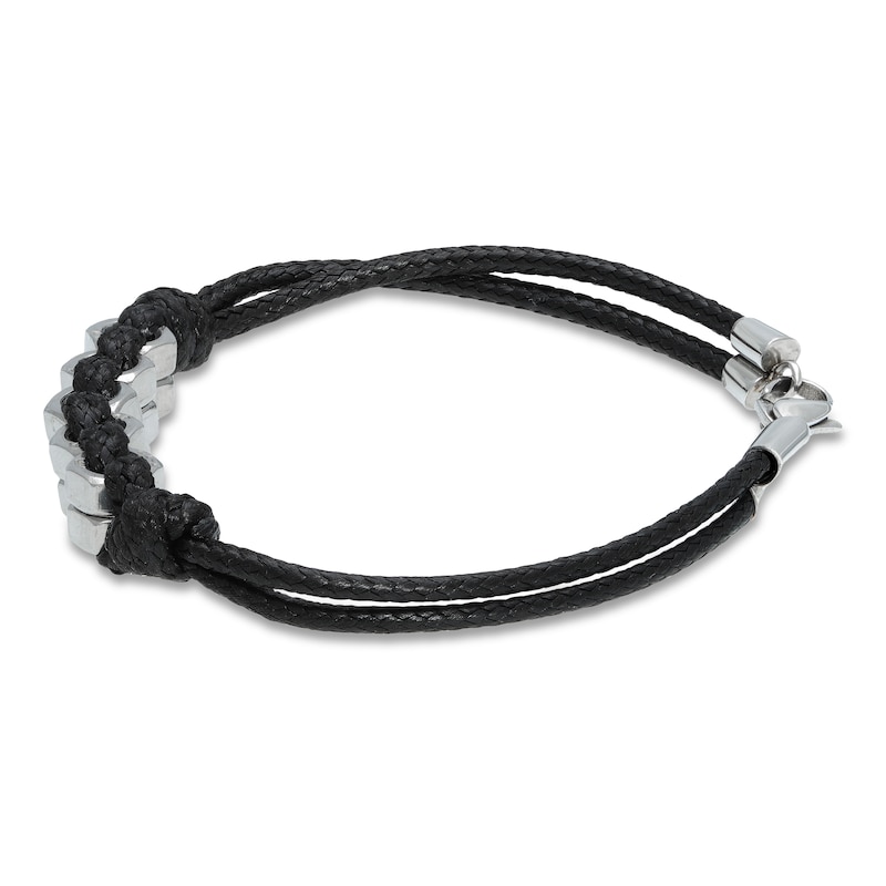 Men's Black Leather Bracelet Stainless Steel 8.25"