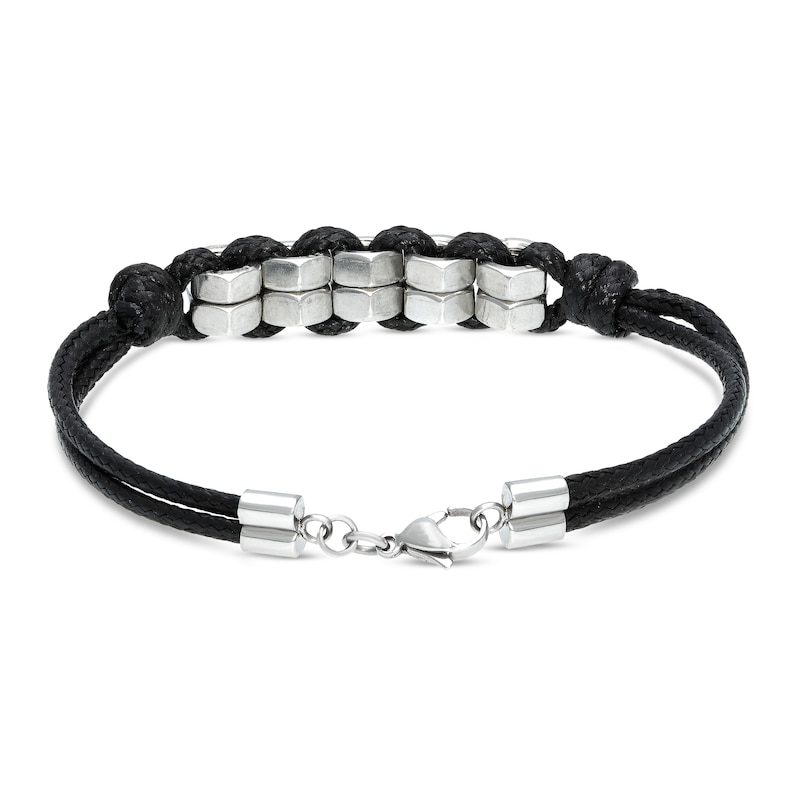 Men's Black Leather Bracelet Stainless Steel 8.25"