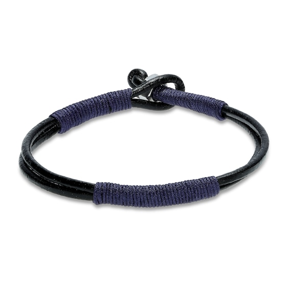 Men's Black Leather Bracelet Stainless Steel 8.25"