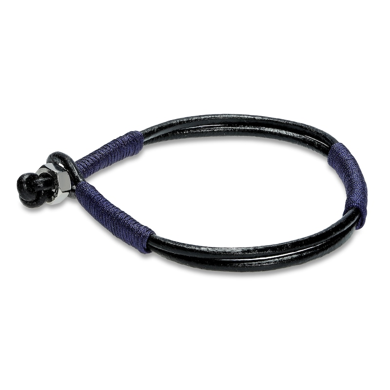 Men's Black Leather Bracelet Stainless Steel 8.25