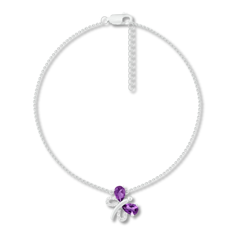 Main Image 1 of Amethyst & White Lab-Created Sapphire Butterfly Anklet Sterling Silver 9"