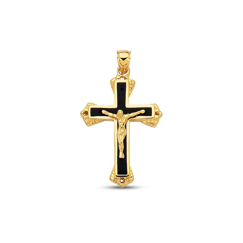 Men's Black Enamel Crucifix Pendant 14K Yellow Gold