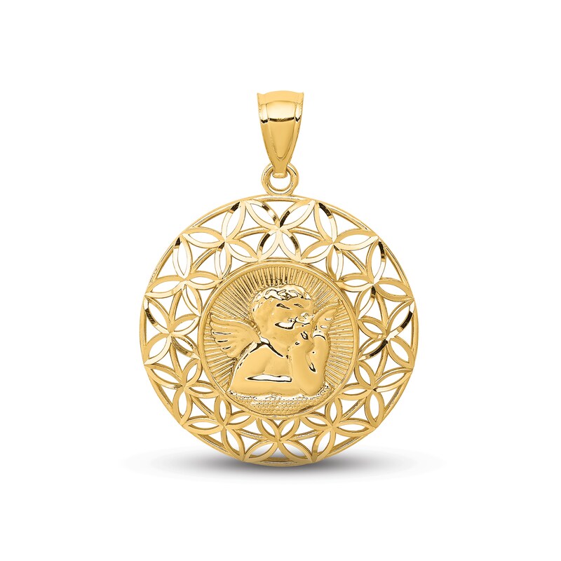 Diamond-Cut Angel Medallion Charm 14K Yellow Gold