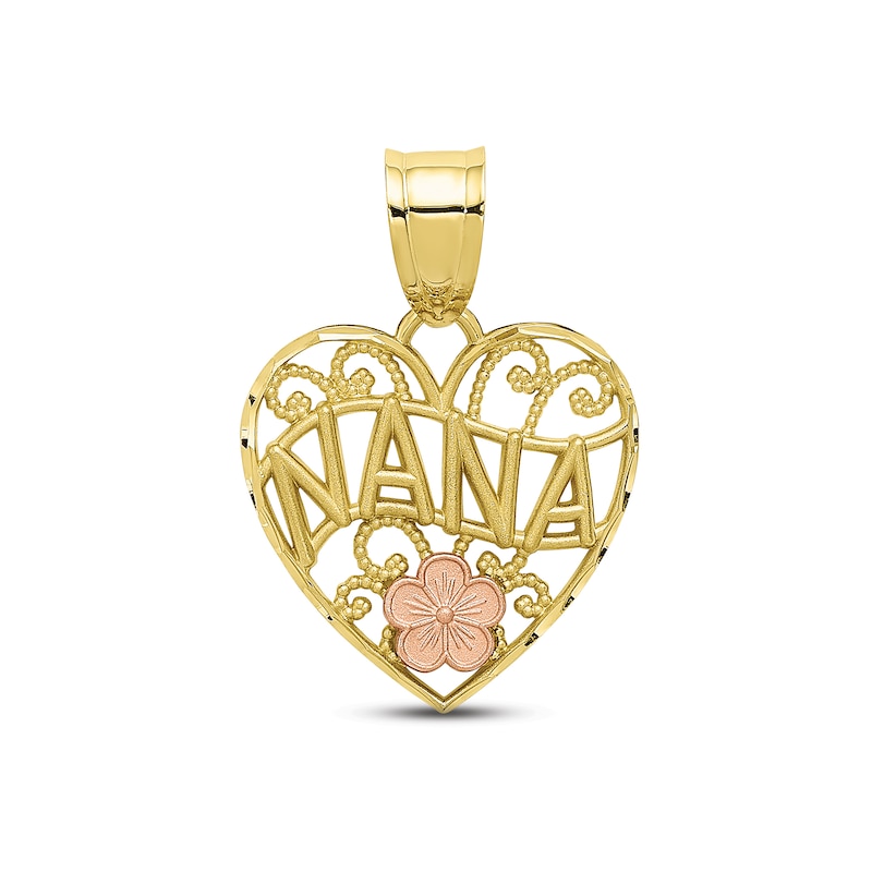 "Nana" Flower Heart Charm 10K Two-Tone Gold