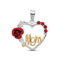 Red Cubic Zirconia "Mom" Rose Heart Charm Sterling Silver