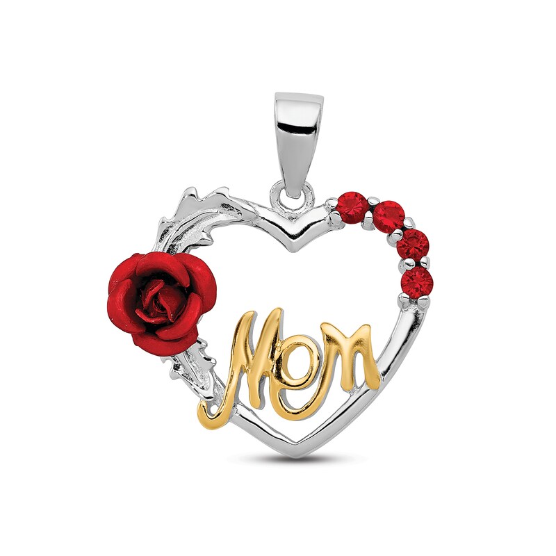 Main Image 1 of Red Cubic Zirconia "Mom" Rose Heart Charm Sterling Silver