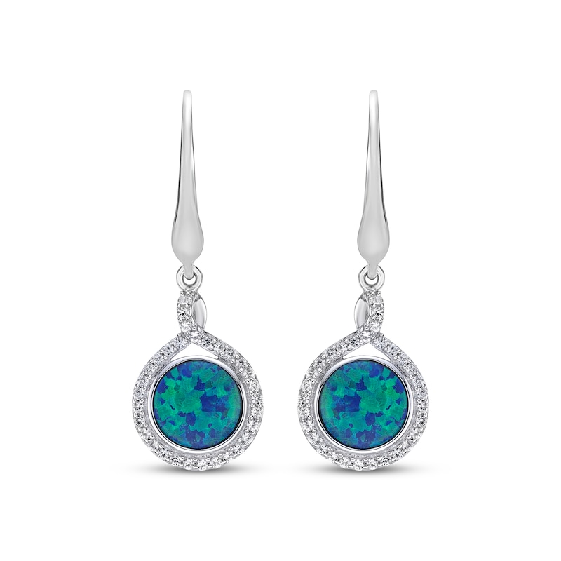 Main Image 2 of Blue-Green Lab-Created Opal Inlay & White Lab-Created Sapphire Swirl Dangle Earrings Sterling Silver
