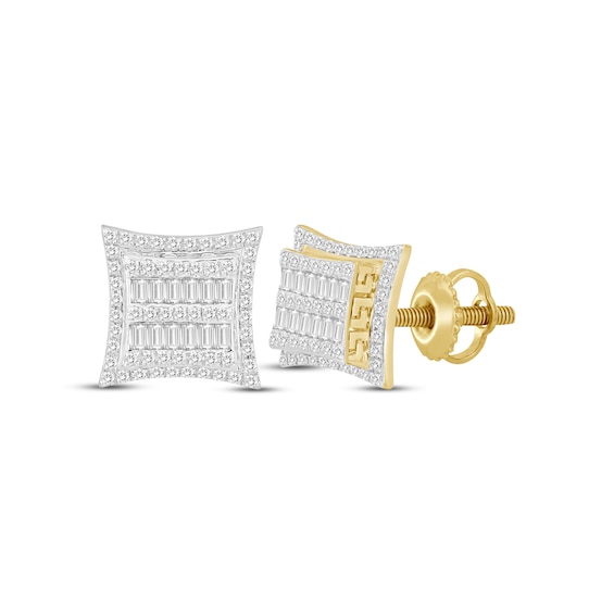 Men's Baguette & Round-Cut Multi-Diamond Greek Key Accent Stud Earrings 1/2 ct tw 10K Yellow Gold